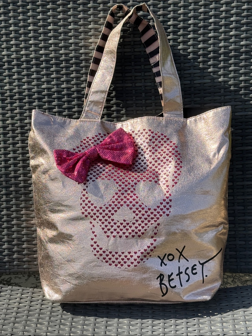 Betsey Johnson Metallic Rose Gold Tote with Pink Bow & Skull